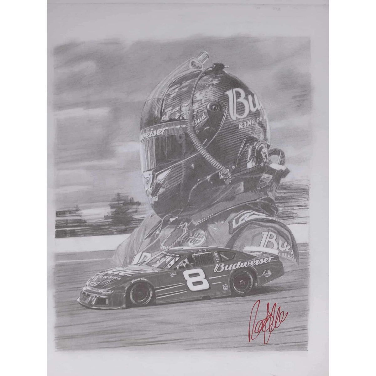 Dale Earnhardt Jr #8 Budweiser Late Model 22" x 28" Pencil Art Print by artist Robb Scott