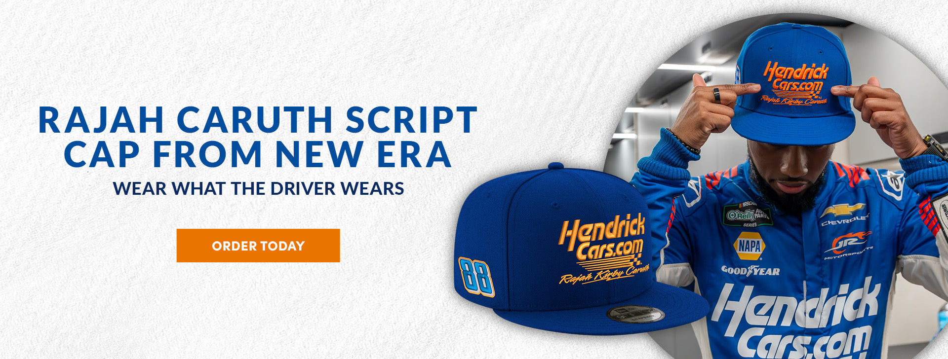 Rajah Caruth script cap from New Era. Wear what the driver wears. Order today.