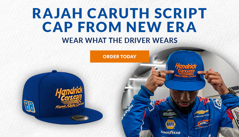 Rajah Caruth script cap from New Era. Wear what the driver wears. Order today.